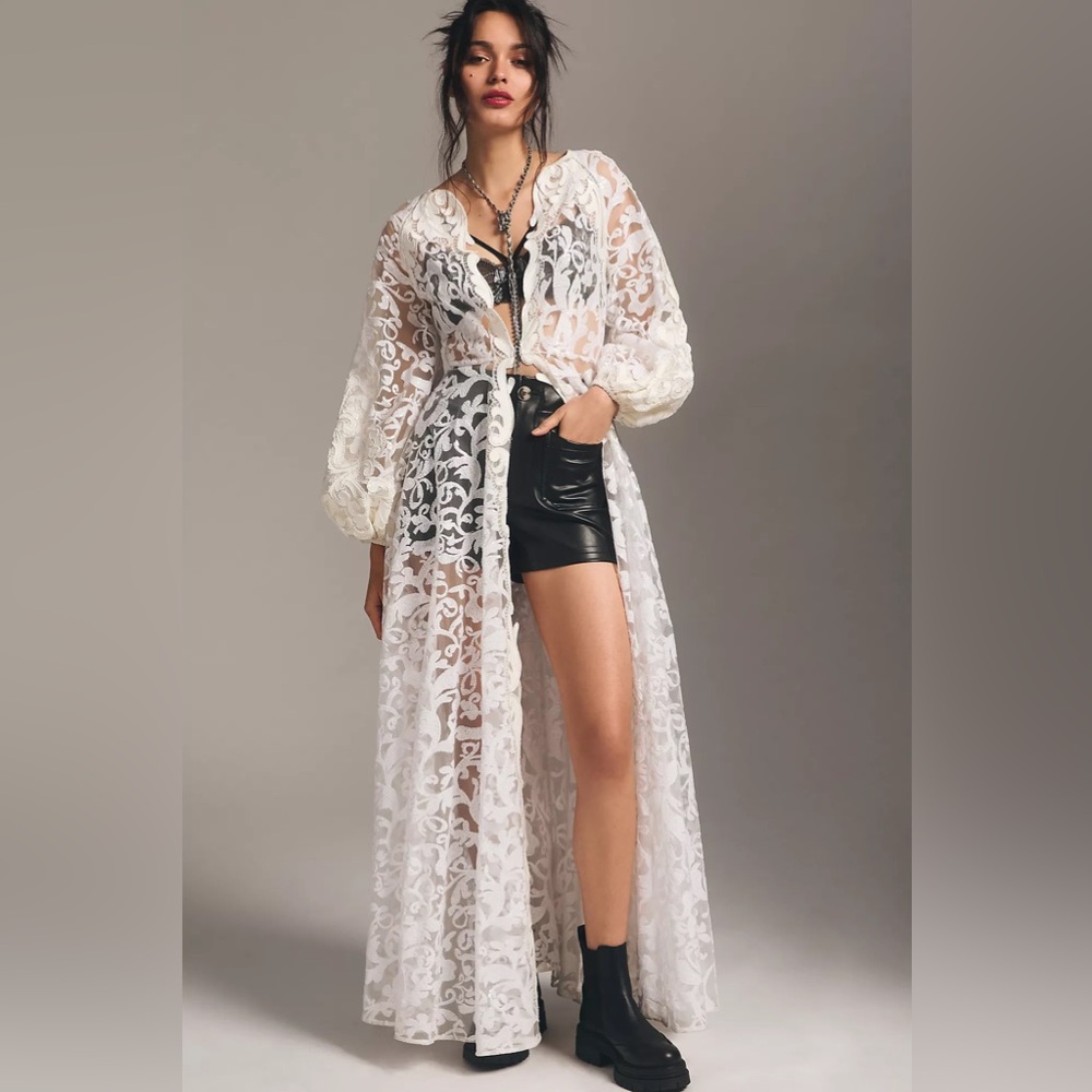 Anthropologie Pankaj & Nidhi Lace Appliqu Maxi in White | Size: L